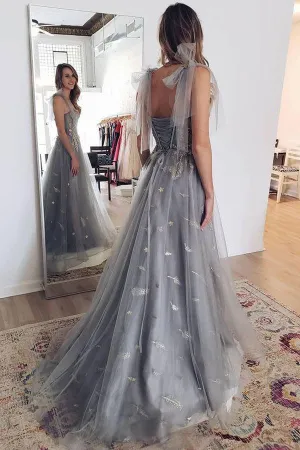 Charming Grey Tulle Appliques Long Prom dress Formal Dress With Lace Up TP1115