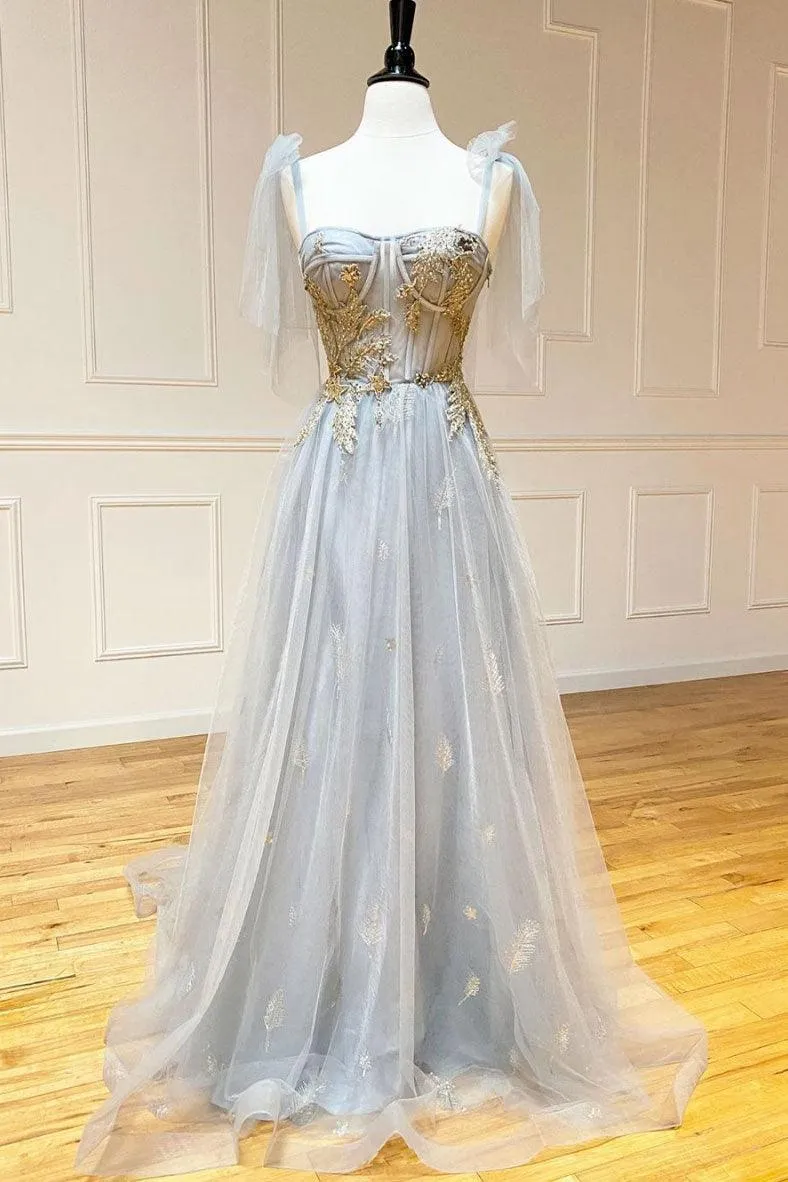 Charming Grey Tulle Appliques Long Prom dress Formal Dress With Lace Up TP1115