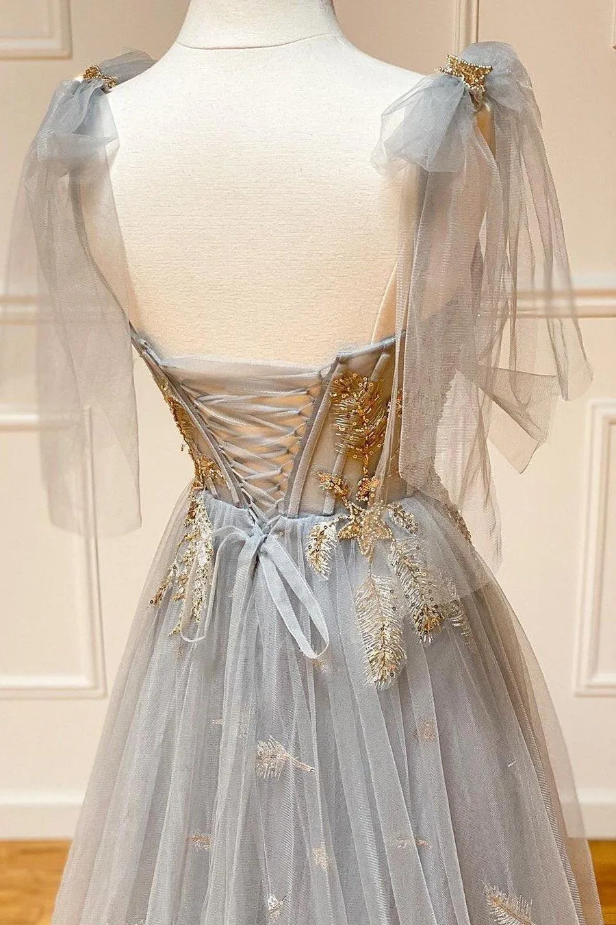 Charming Grey Tulle Appliques Long Prom dress Formal Dress With Lace Up TP1115