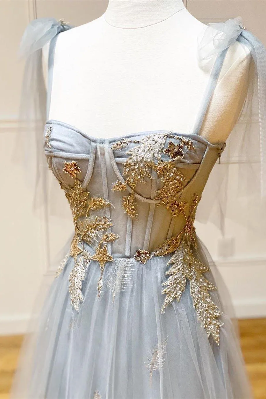 Charming Grey Tulle Appliques Long Prom dress Formal Dress With Lace Up TP1115