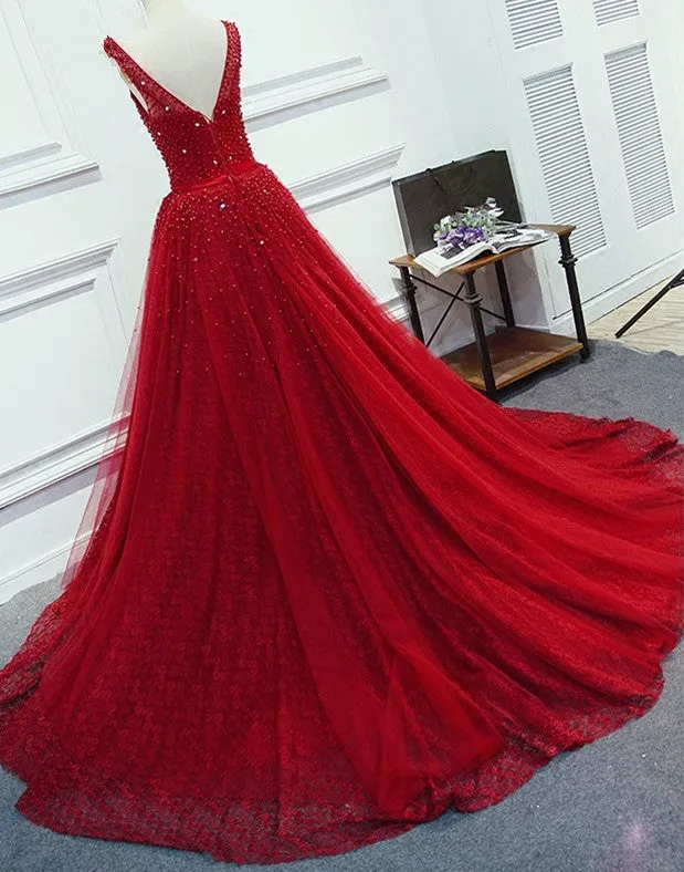 Charming Lace and Tulle Beaded Wine Red Formal Gown, V Back Long Prom Dresses