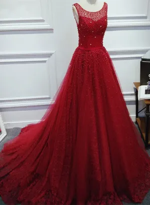 Charming Lace and Tulle Beaded Wine Red Formal Gown, V Back Long Prom Dresses