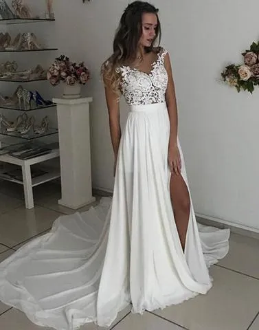 Charming Lace Formal A Line Cheap Long Beach Wedding Dresses, BGP236
