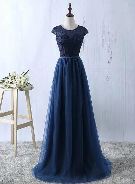 Charming Navy Blue Tulle and Lace Long Bridesmaid Dress, Long Party Dress