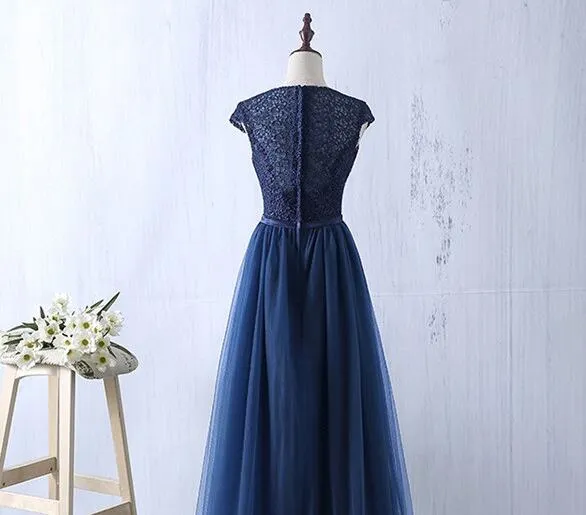 Charming Navy Blue Tulle and Lace Long Bridesmaid Dress, Long Party Dress