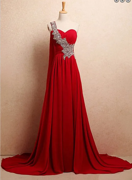 Charming One Shoulder Chiffon Elegant Evening Dress, Handmade High Quality Party Dress, Prom Dresses