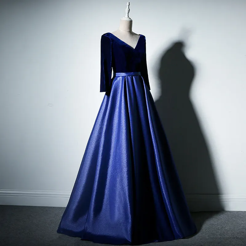Charming Royal Blue Satin with Velvet Long Prom Dress, Bridesmaid Dress