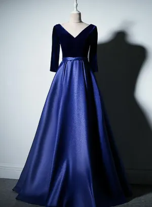 Charming Royal Blue Satin with Velvet Long Prom Dress, Bridesmaid Dress