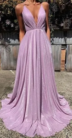 Charming Spaghetti-Straps A-line V-neck Prom Dresses with Sequins TP0857