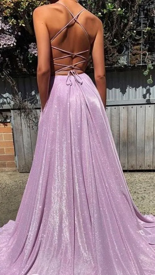 Charming Spaghetti-Straps A-line V-neck Prom Dresses with Sequins TP0857