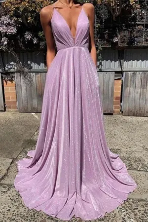 Charming Spaghetti-Straps A-line V-neck Prom Dresses with Sequins TP0857