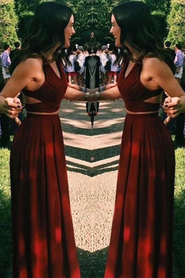 Charming Two Pieces Long A-line Burgundy Beauty Prom Dress K738