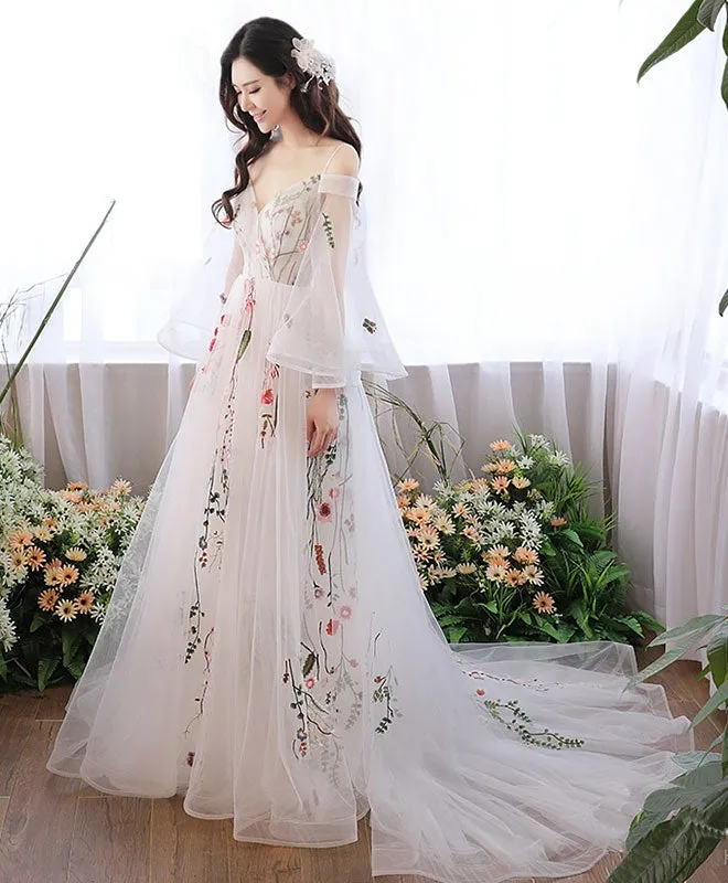 Charming White Tulle with Lace Off Shoulder Wedding Party Dresses, White Formal Dresses