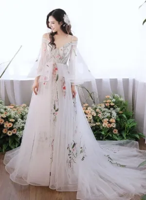 Charming White Tulle with Lace Off Shoulder Wedding Party Dresses, White Formal Dresses