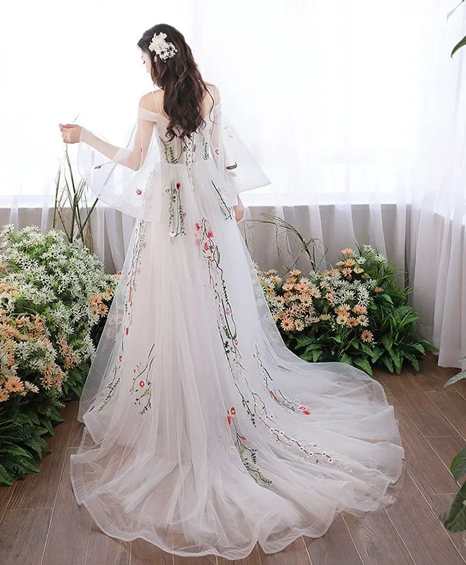 Charming White Tulle with Lace Off Shoulder Wedding Party Dresses, White Formal Dresses