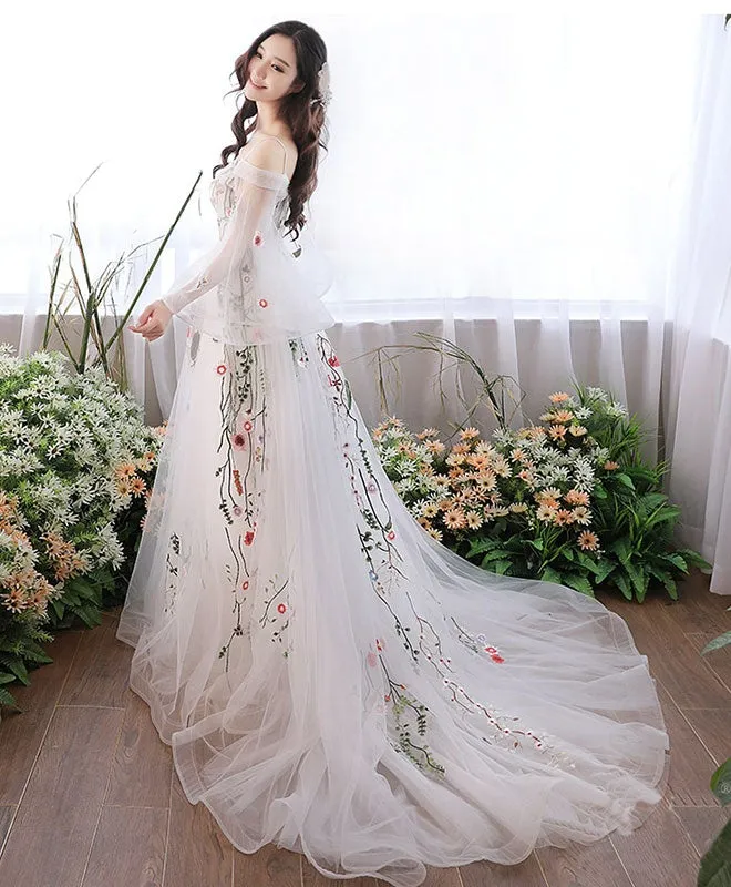 Charming White Tulle with Lace Off Shoulder Wedding Party Dresses, White Formal Dresses