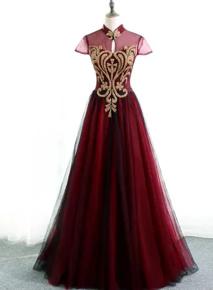 Charming Wine Red Cap Sleeves Long Tulle Evening Gown, Long Formal Dress