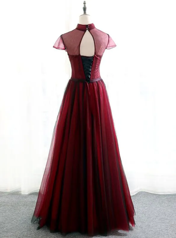Charming Wine Red Cap Sleeves Long Tulle Evening Gown, Long Formal Dress
