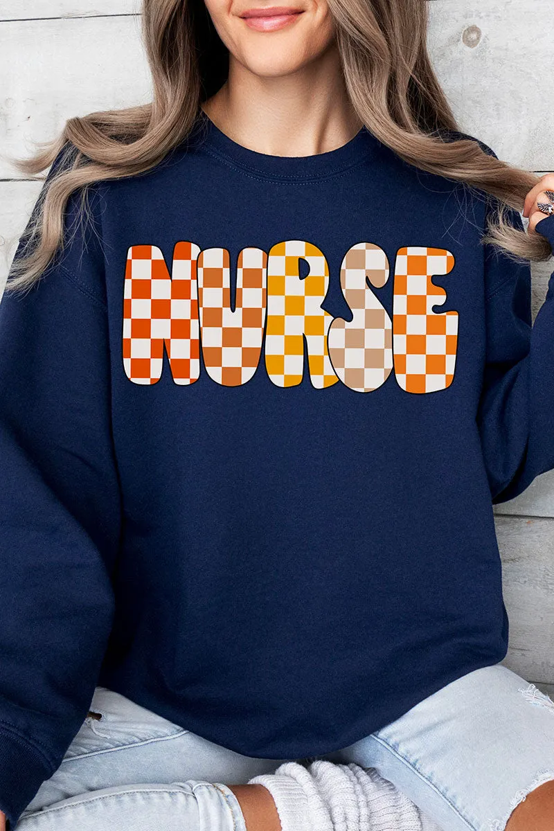 Checkered Autumn Nurse Heavy-weight Crew Sweatshirt