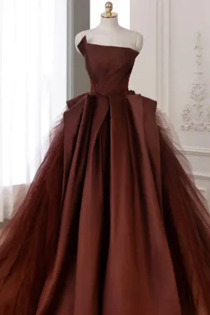 Chic A Line Strapless Simple Long Prom Dress Tulle Evening Formal Dress APP0815