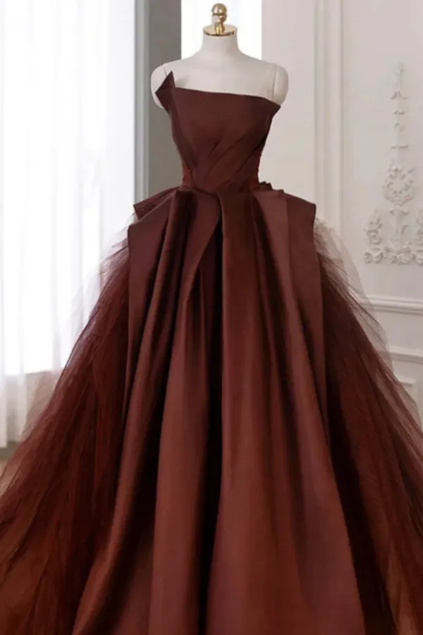 Chic A Line Strapless Simple Long Prom Dress Tulle Evening Formal Dress APP0815