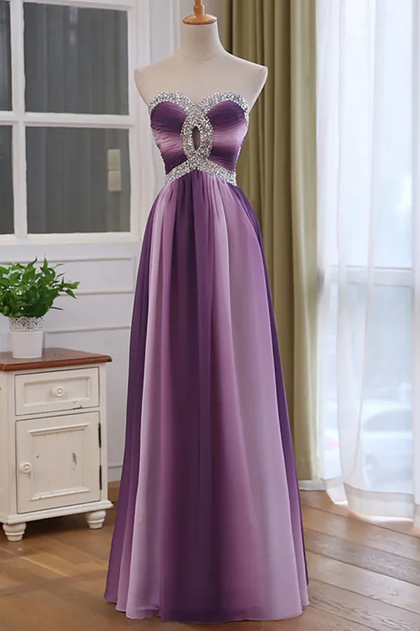 Chiffon Sweetheart Gradient Beaded Long Party Dress, A Line Chiffon Prom Dress APP0994