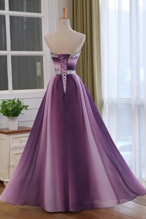 Chiffon Sweetheart Gradient Beaded Long Party Dress, A Line Chiffon Prom Dress APP0994