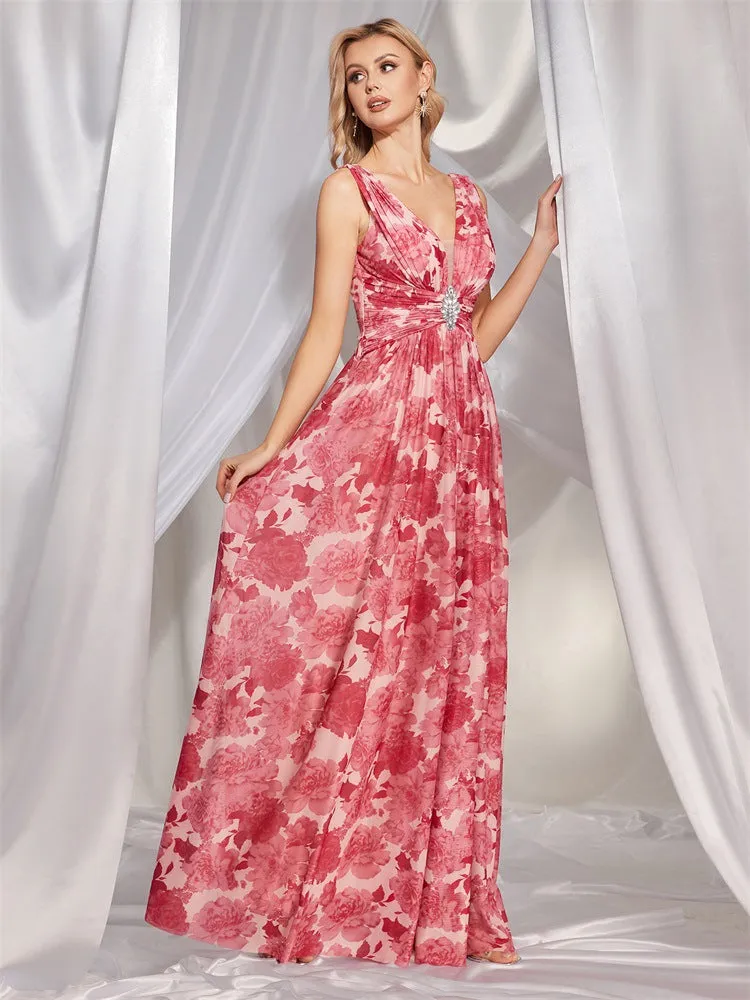 Chiffon V Neck Pink Printed Evening Dress