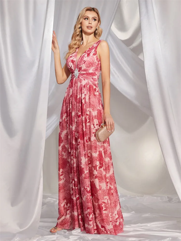 Chiffon V Neck Pink Printed Evening Dress