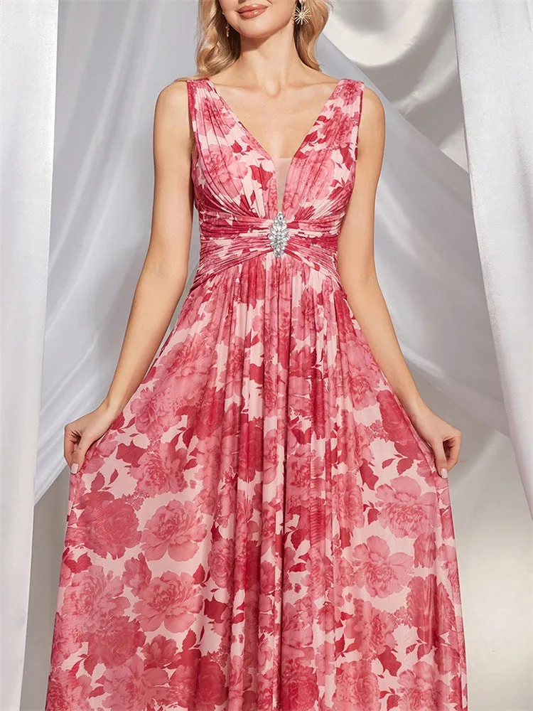 Chiffon V Neck Pink Printed Evening Dress