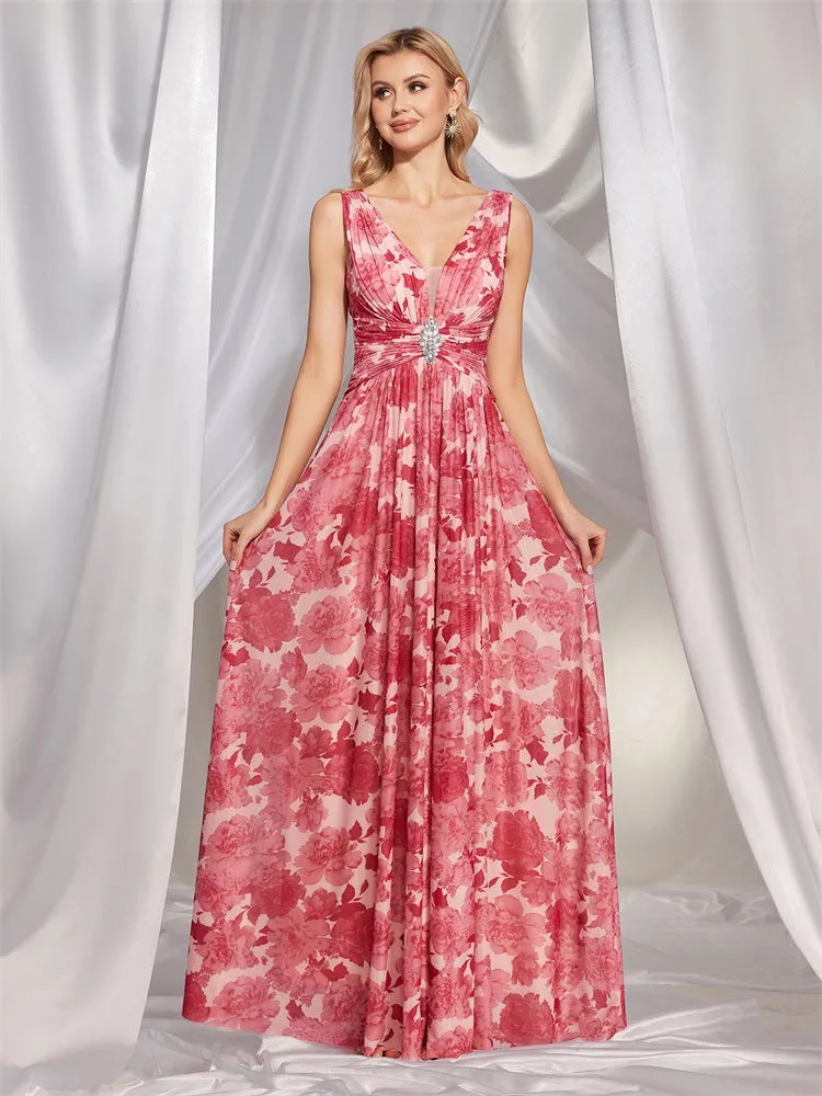 Chiffon V Neck Pink Printed Evening Dress