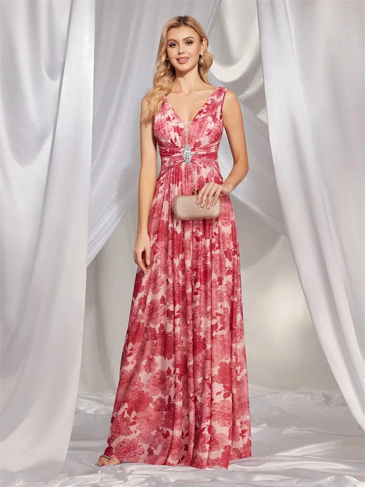 Chiffon V Neck Pink Printed Evening Dress