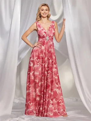 Chiffon V Neck Pink Printed Evening Dress