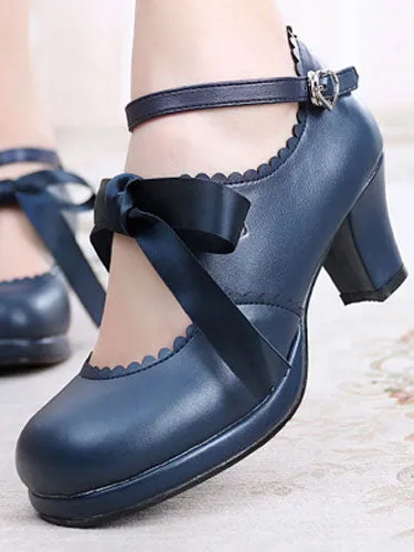 Classic Lolita Shoes Square Toe Platform Prism Heel Bows Deep Brown Lolita Shoes