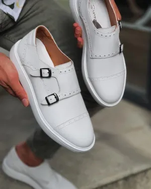 Custer White Monk Strap Cap Toe Shoes - Elegant Men's Footwear