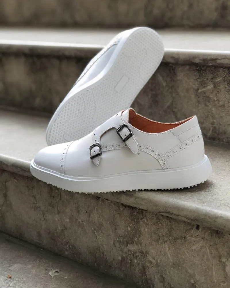 Custer White Monk Strap Cap Toe Shoes - Elegant Men's Footwear
