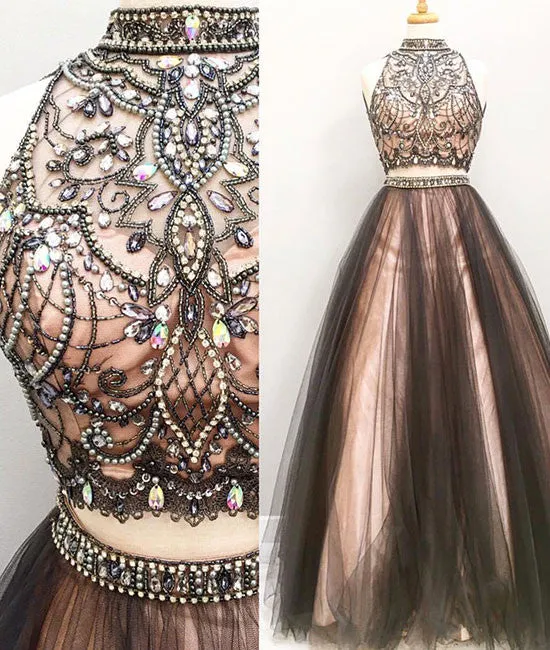 Custom made two pieces tulle long prom dress, black evening dress