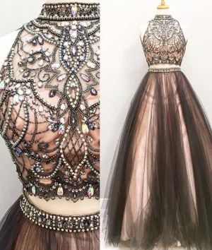 Custom made two pieces tulle long prom dress, black evening dress