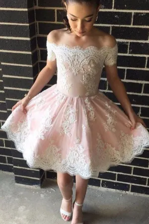 Cute A-line Off-the-shoulder Pink Short Prom Dresses with Lace Appliques,Homecoming Dress OK328