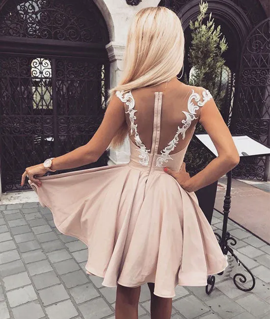 Cute pink lace short prom dress, pink homecoming dress