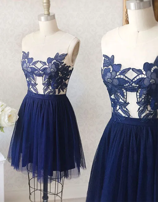 Cute round lace applique short prom dress, homecoming dress