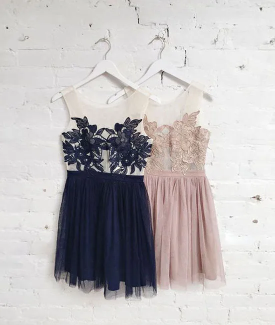 Cute round lace applique short prom dress, homecoming dress