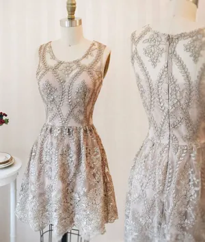 Cute round neck lace short prom dress, homecoming dress, bridesmaid dress