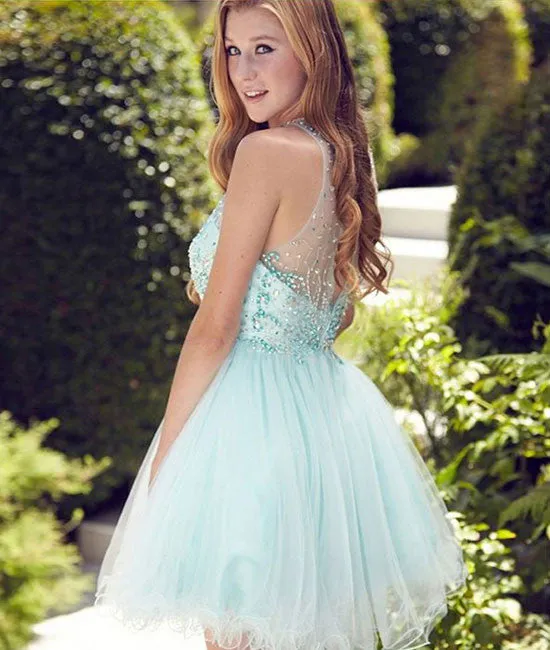 Cute round neck tulle beads sequin short prom dress, homecoming dress