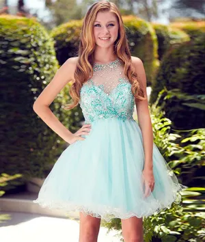 Cute round neck tulle beads sequin short prom dress, homecoming dress