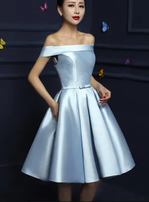 Cute Satin A-line Short Homecoming Dress , Off Shoulder Lace-up Formal Dress
