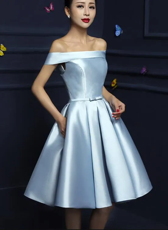 Cute Satin A-line Short Homecoming Dress , Off Shoulder Lace-up Formal Dress