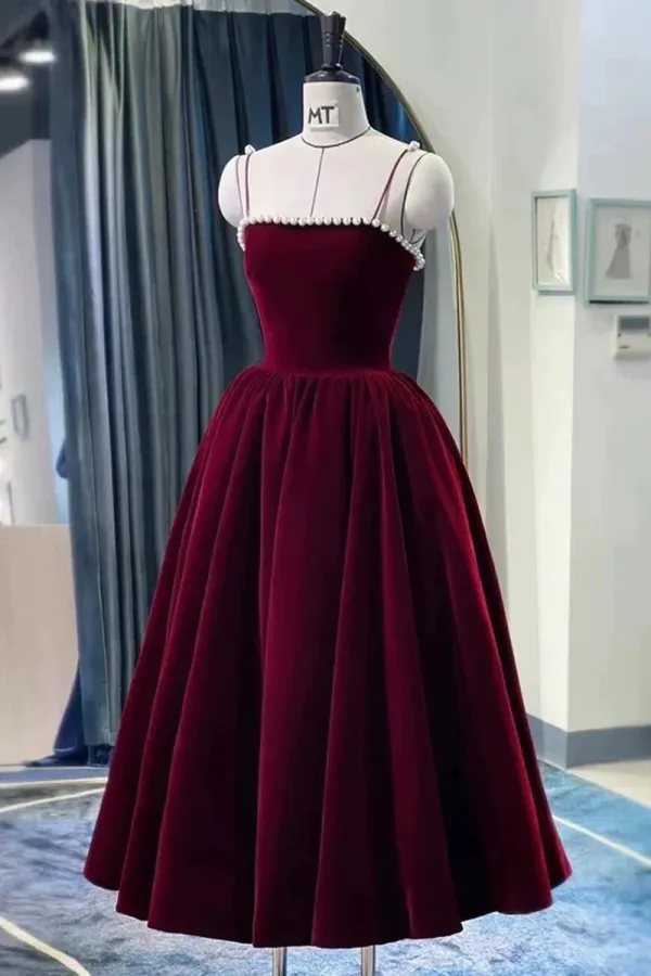 Cute Spaghetti Straps Velvet Short Prom Dress, A Line Homecoming Party Dress APP0780