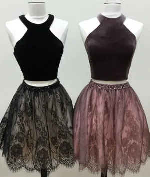 Cute two pieces lace short prom dress, cute homecoming dress