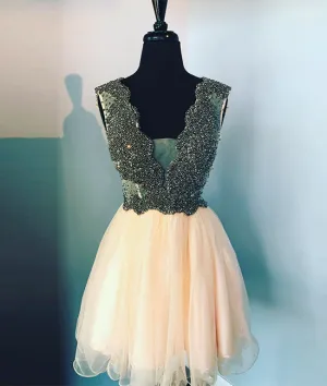 Cute v neck champagne tulle beads short prom dress, homecoming dress